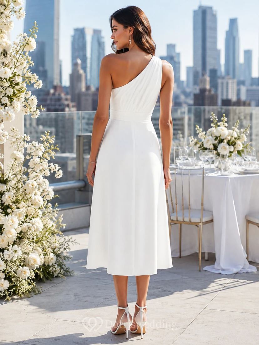 Chic One Shoulder Chiffon Bridal Shower Sheath Asymmetrical Tea Length Drape view 2