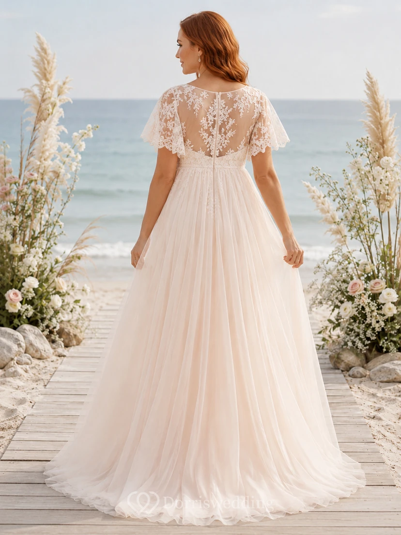 Beach Chiffon Wedding Dress Empire V-Neck Short Sleeve Floor Length Bridal Gown view 2
