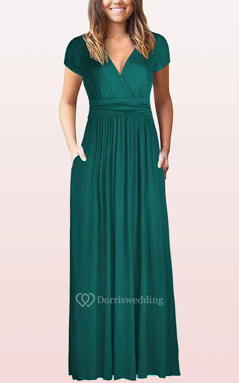 Ethereal Jersey V-neck A Line Guest Formal Dress With Pockets view 9