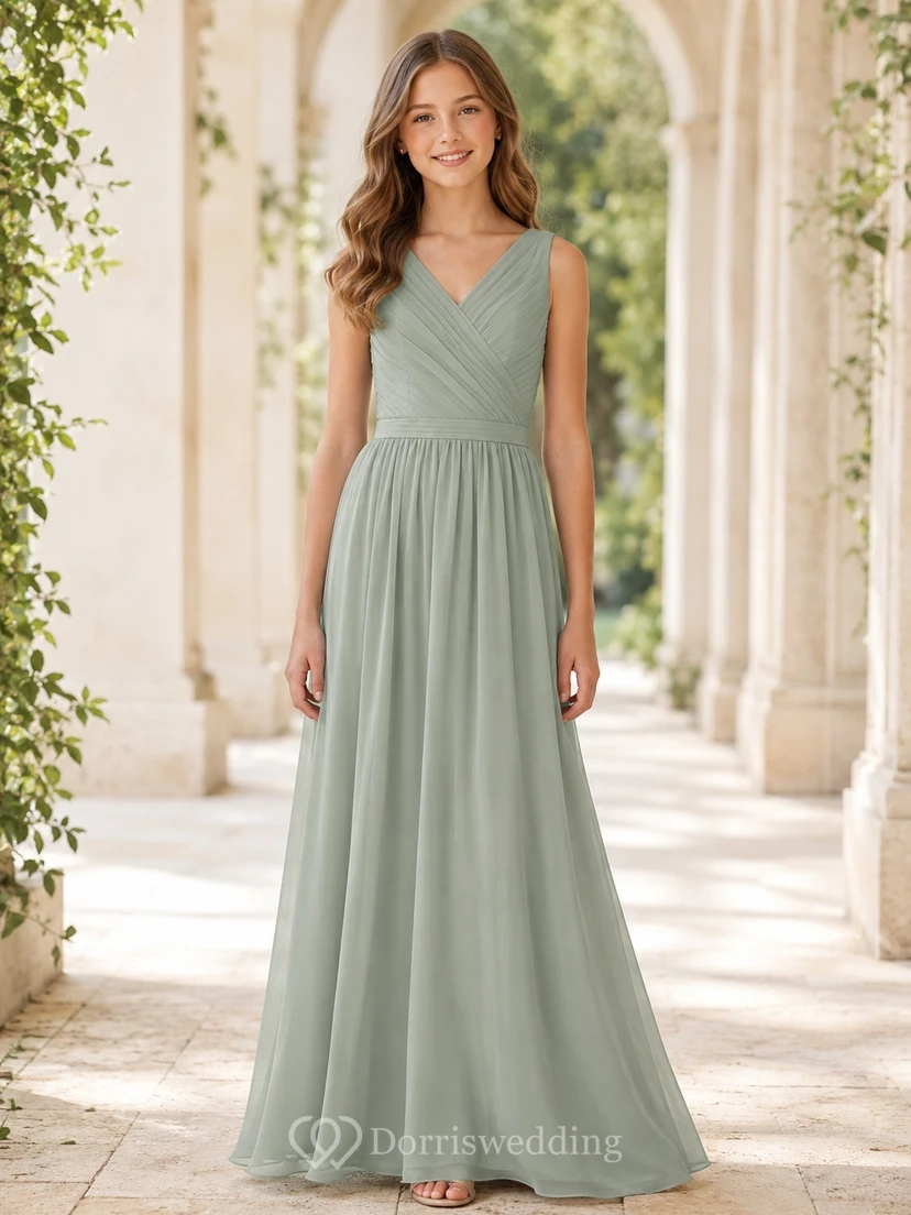Vestido de dama de honor juvenil Eucalyptus, corte en A, escote en V, sin mangas, elegante y formal.