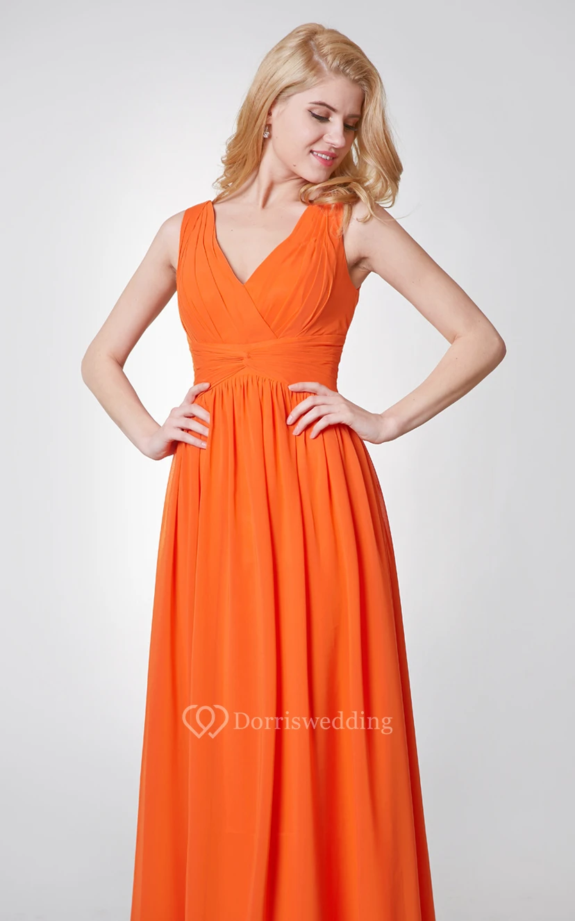 V-neck Pleated A-line Long Chiffon Dress With Ruched Waist view 5