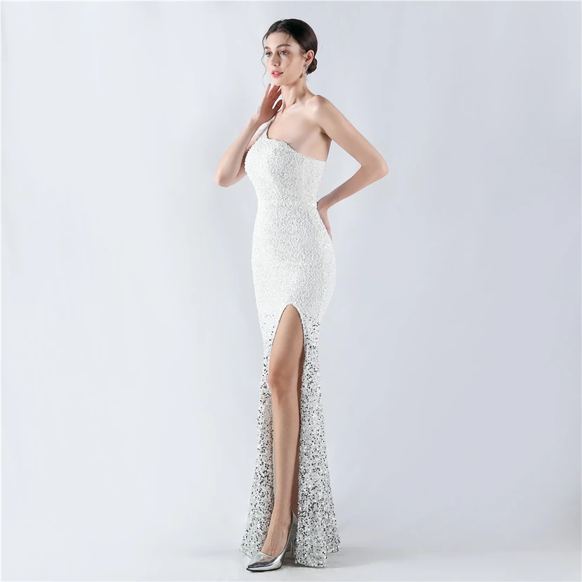 Gradient Velvet Bottom Sequins Craft Beading Ostrich Hair One-Shoulder Oblique Collar High-Slit Evening Dress view 3