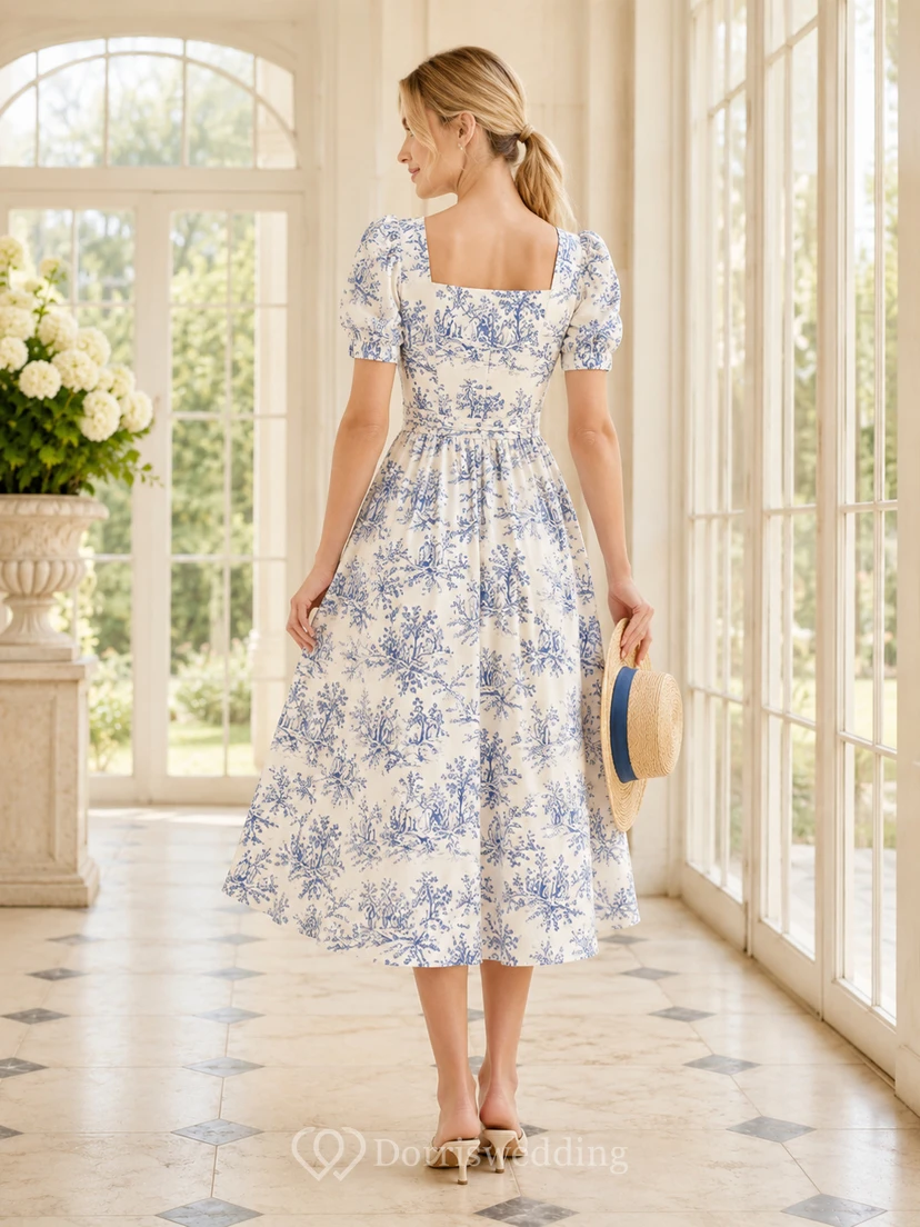 Robe midi trapèze à col carré et manches bouffantes en toile bleue view 2