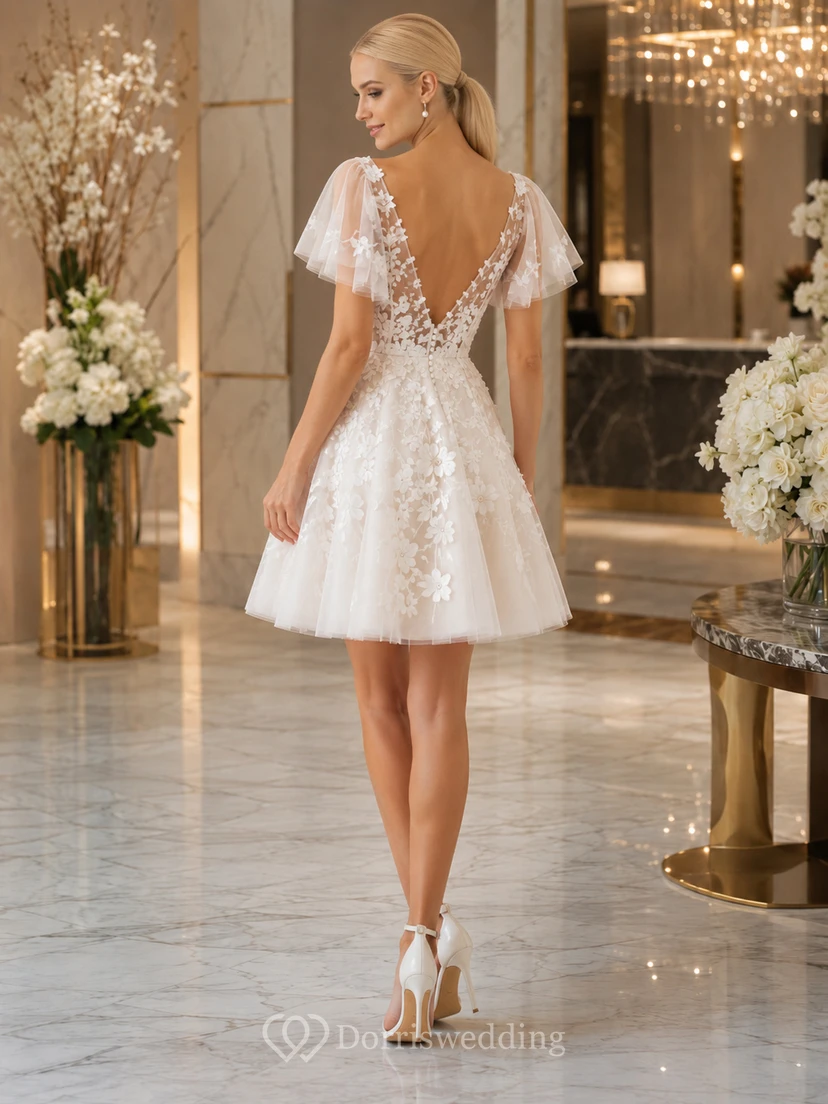Elegant Short V-Neck Flutter Sleeve Lace Courthouse Romantic Wedding Dress view 2