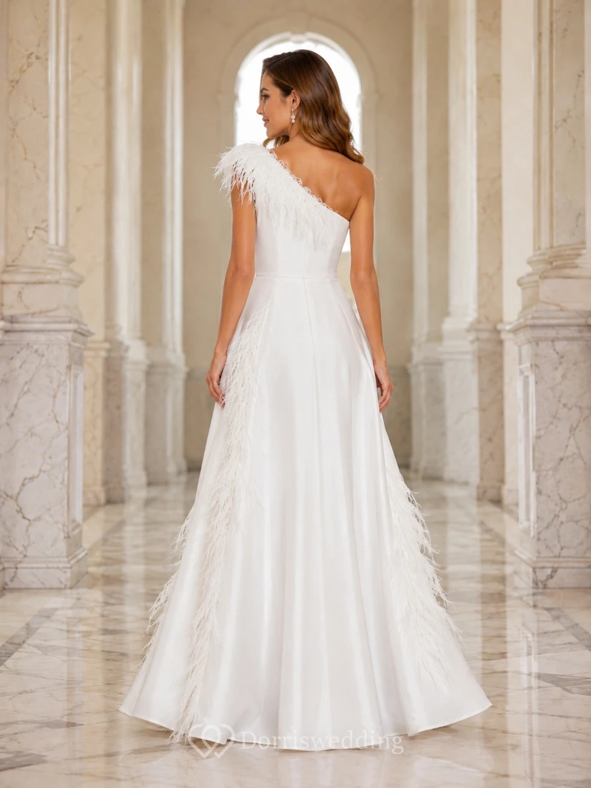 Romantic White Chiffon A-Line Floor-Length One-Shoulder Feathered Evening Dress view 2