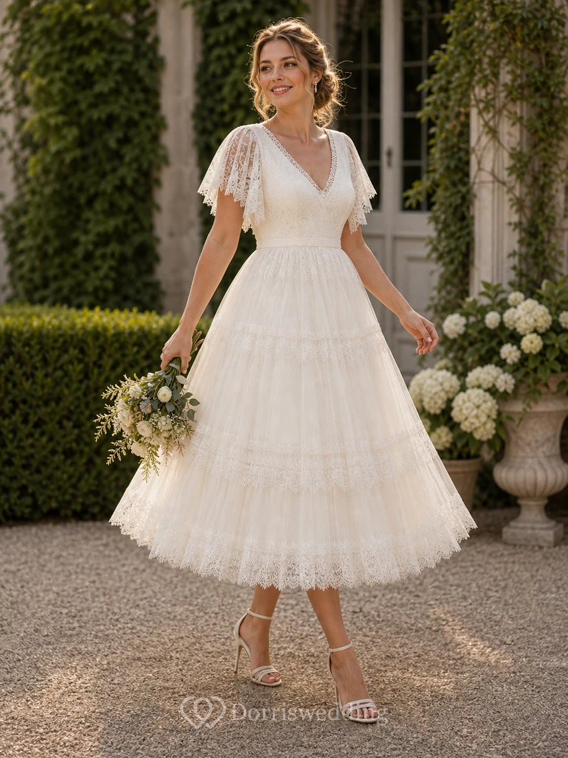 Teelanges Boho-Brautkleid mit flatternden Spitzenärmeln, V-Ausschnitt und gestuftem Tüllrock view 5