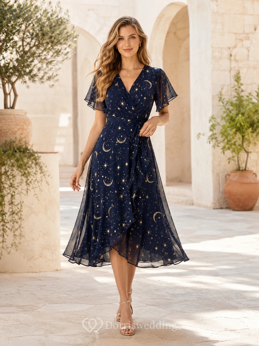 Navy Moon Star Print Tulle Guest Midi Dress