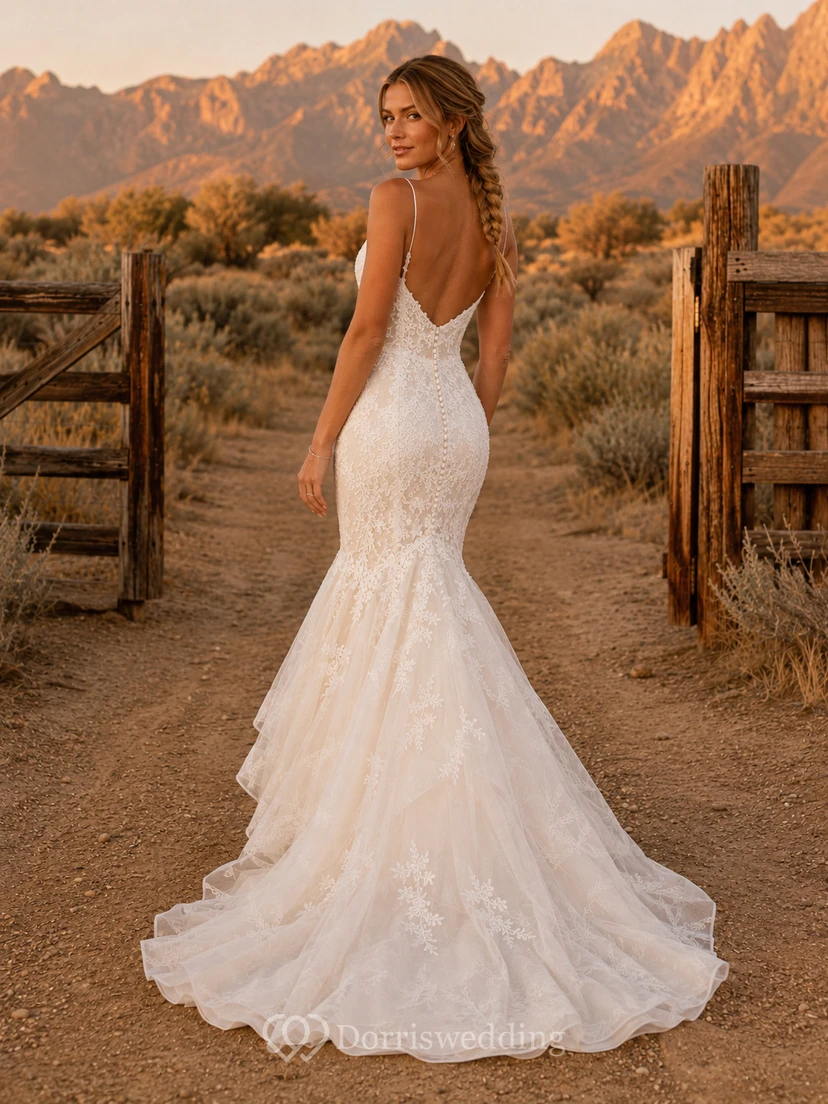 Robe de mariée de maternité, bustier en dentelle épaules dénudées, coupe trapèze et fente sur le devant view 2