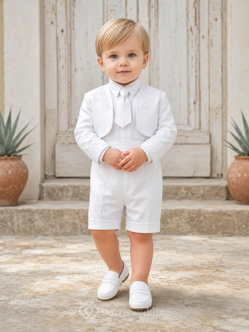 Klassisches weißes Bolero-Set mit langen Ärmeln, Charro Bautizo und Shorts für Jungen