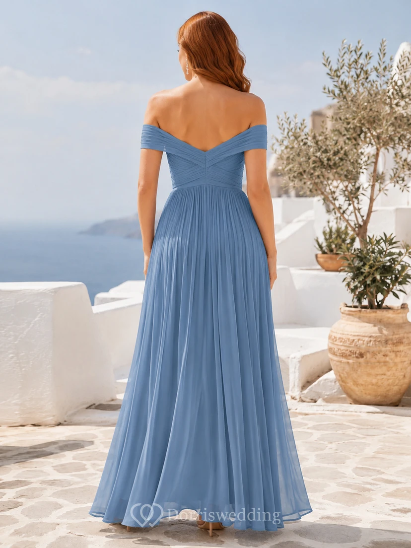 Steel Blue Off Shoulder Pleated Chiffon Guest Dress view 2