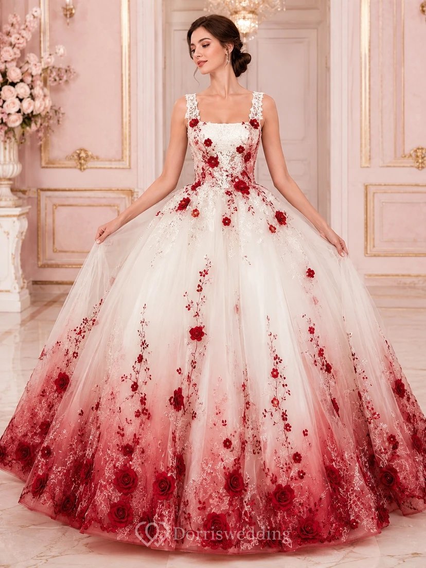 Rotes, ärmelloses Brautkleid aus Tüll mit floralem Ombré-Applikationen und Spaghettiträgern
