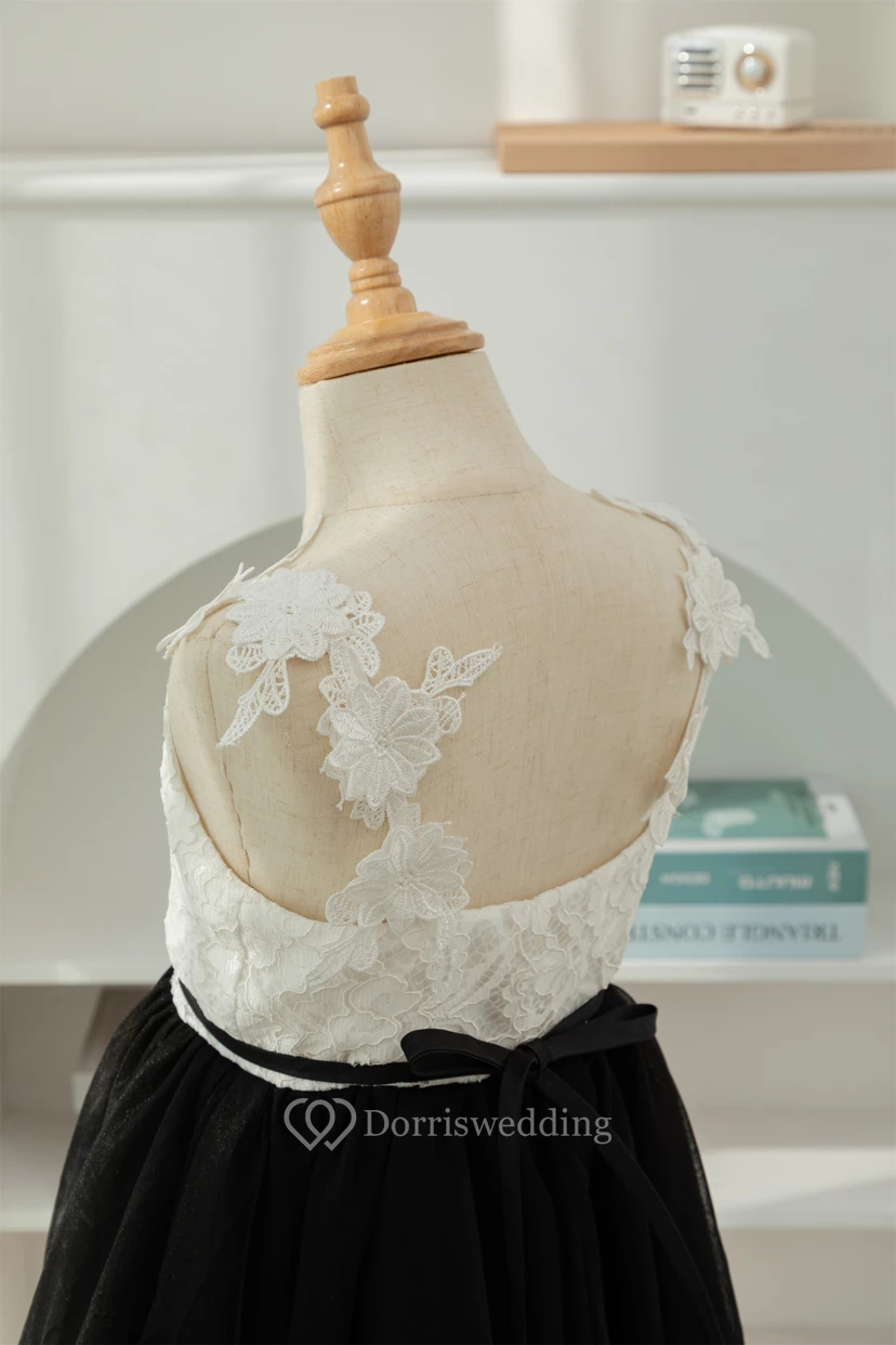 Lace Black and White Short A-line Tulle Flowergirl Dress view 9
