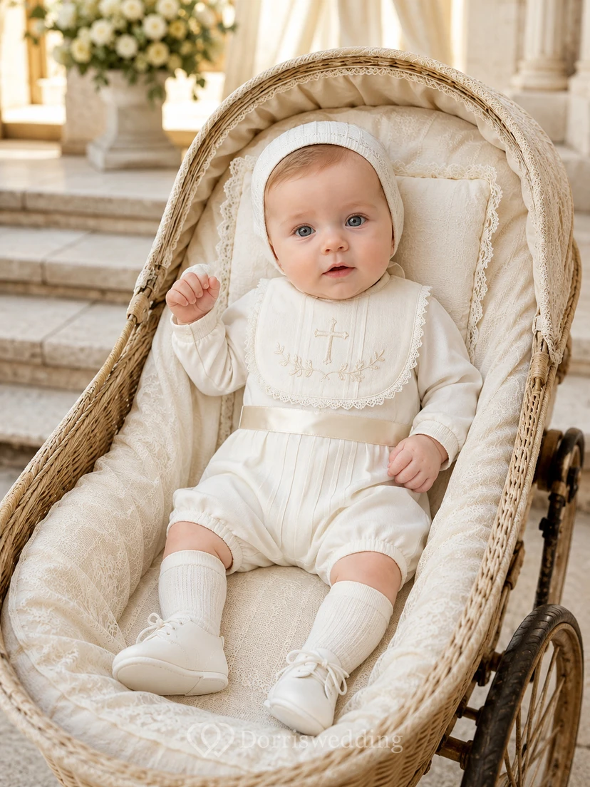 Erbstück Elfenbein Langärmeliger bestickter Lätzchen-Tauf-Strampler für Babys