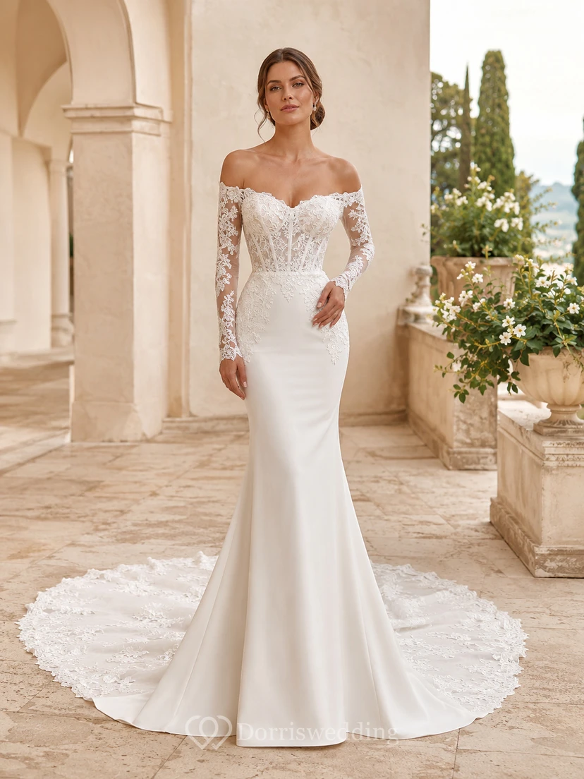 Robe de mariée classique en satin et dentelle, épaules dénudées, manches longues, coupe sirène, traîne chapelle, manches fleuries, fermeture éclair au dos