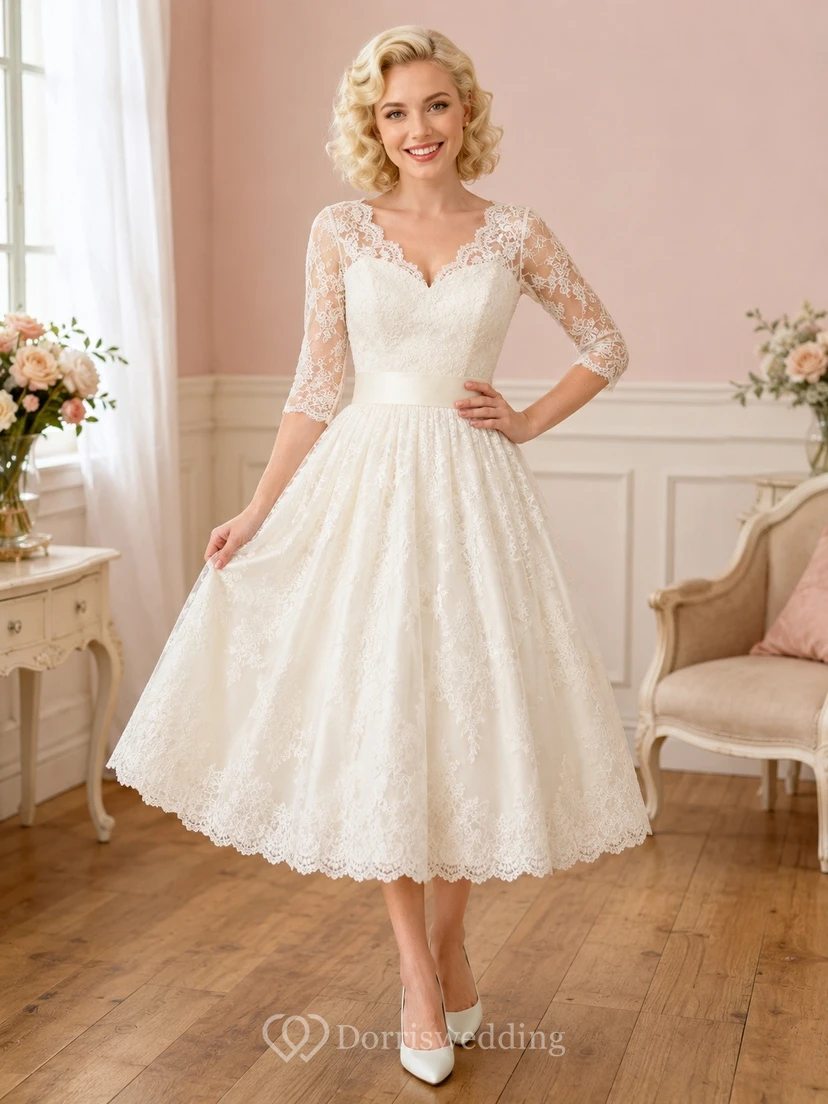 Vintage V-Neck Lace Three-Quarter Sleeve Tea-Length Wedding Dress