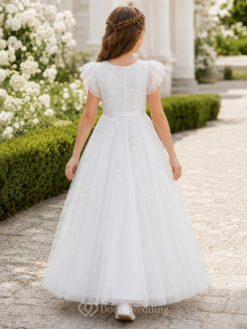 Weißes Blumenmädchenkleid aus Tüll mit floraler Spitze, flatternden Ärmeln und Kommunionskleid view 2