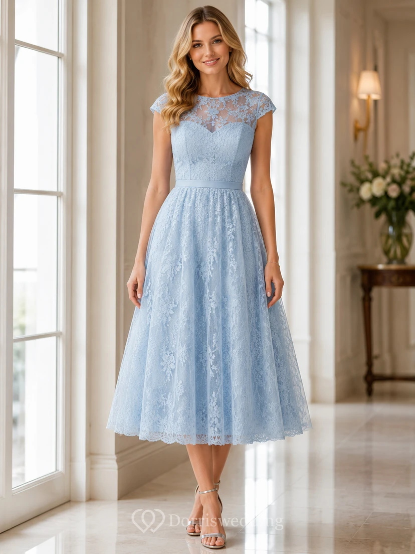 Sky Blue Bateau Lace Tea Length Cocktail Dress