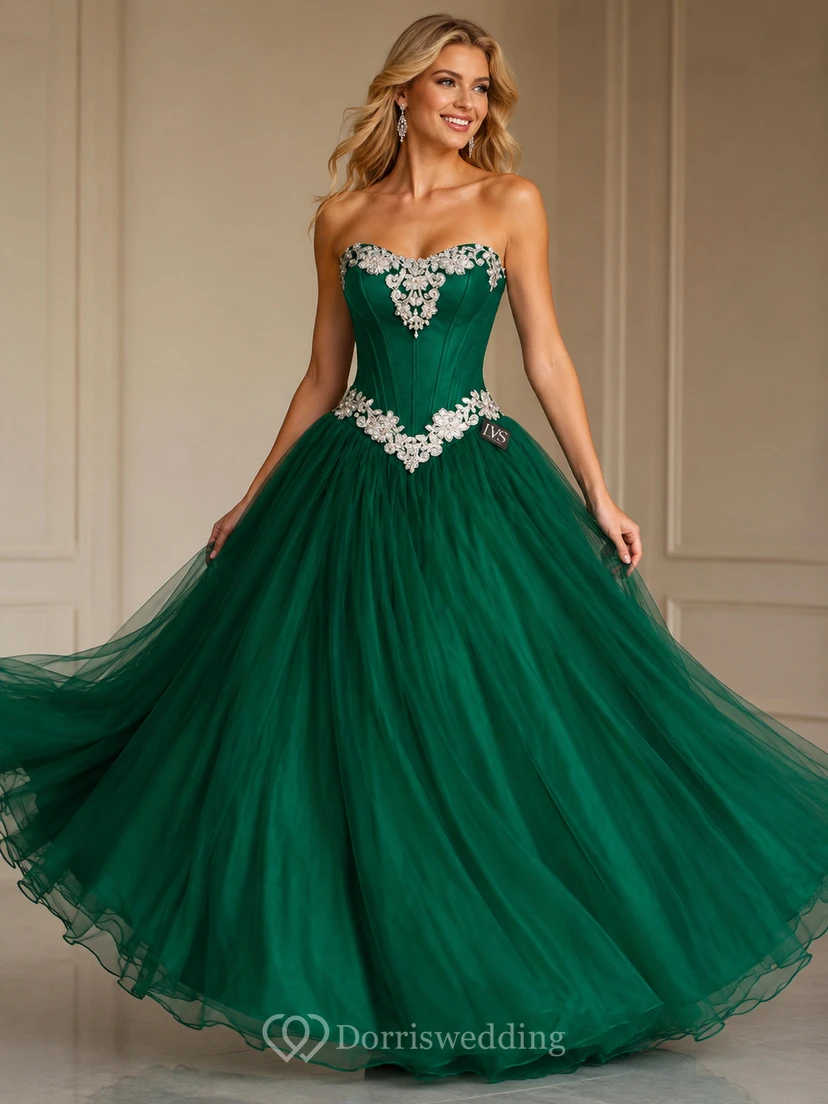 Ball Gown Floor-Length Straps Appliques Zipper Corset Back Straps Tulle Lace Dress view 3