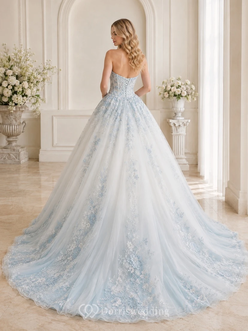 Nebelblaues, leuchtendes Ballkleid, ärmellos, romantisches Tüll-Hochzeitskleid mit Herzausschnitt view 2