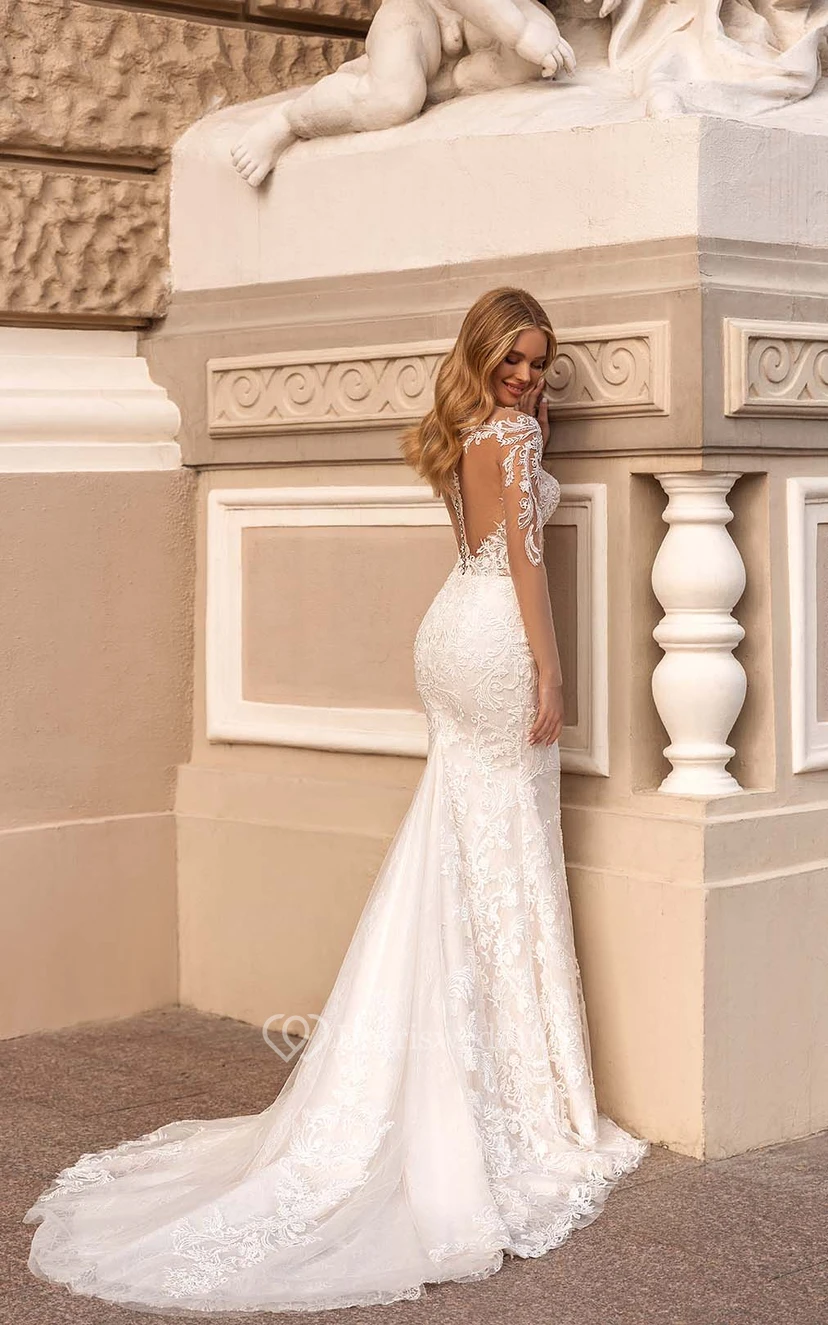 Sophisticated Mermaid Illusion Lace Applique Sheath Wedding Dress Styles with Detachable Skirt view 5