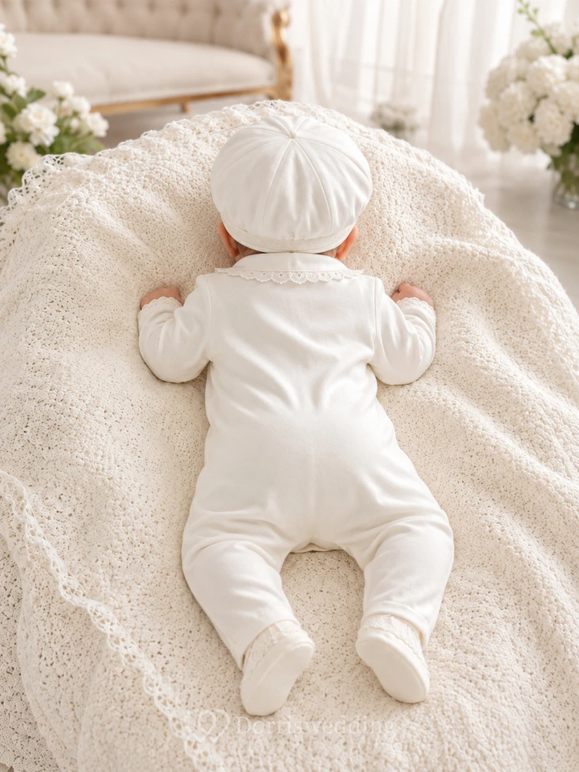 Ivory Lace Trim Long Sleeve Newborn Christening Footie for Baby Boy view 2