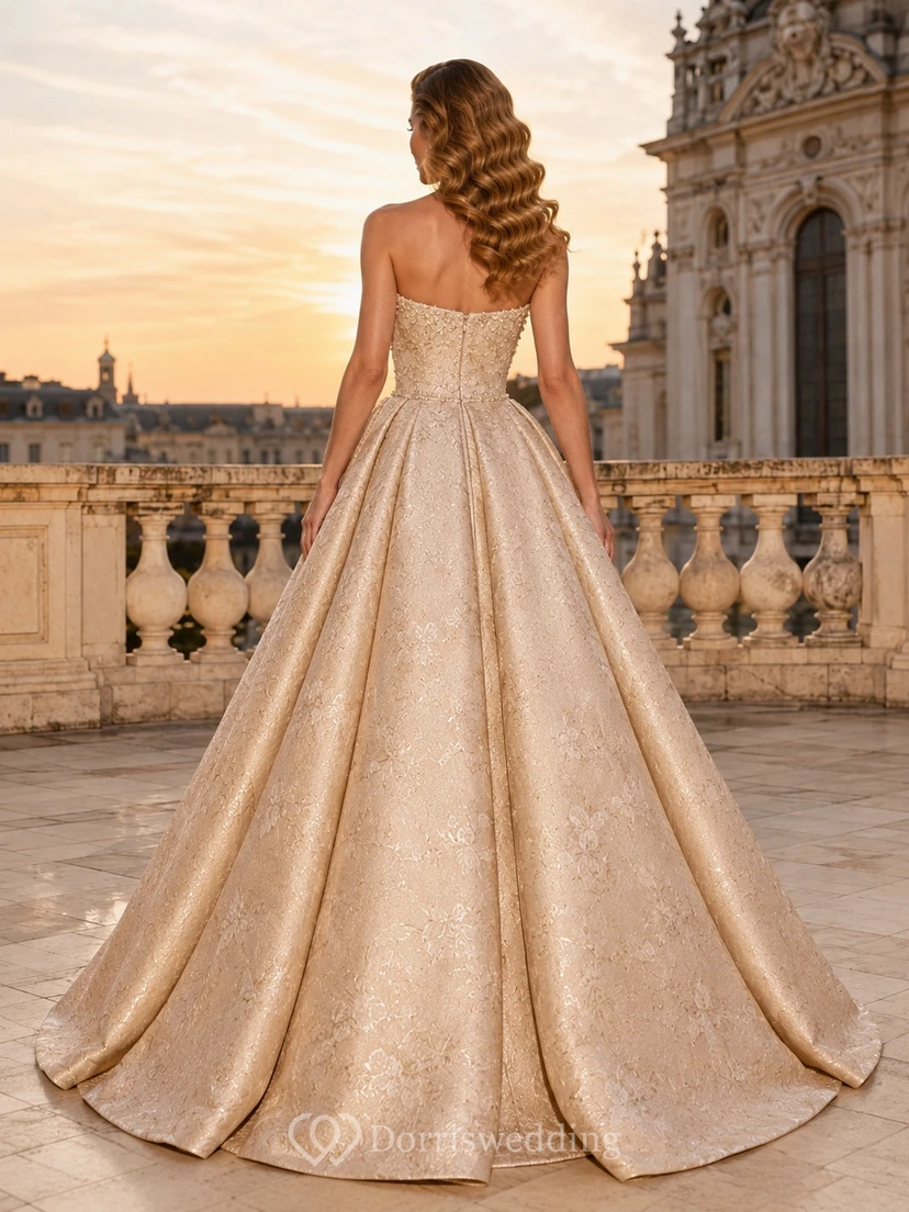 Champagne V Neck Sleeveless Satin Organza Ball Gown Dress view 2