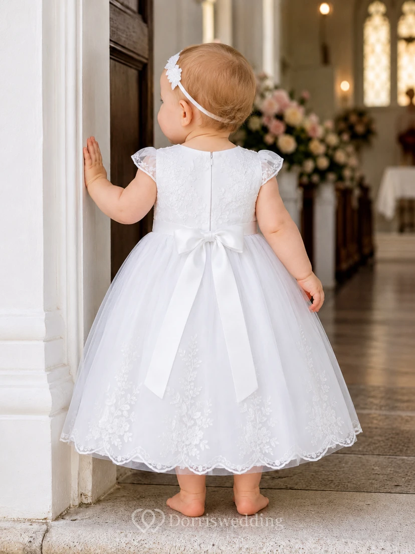 Taufkleid A-Linie Organza Tüll Rundhalsausschnitt Kurze Ärmel Spitzensaum view 2