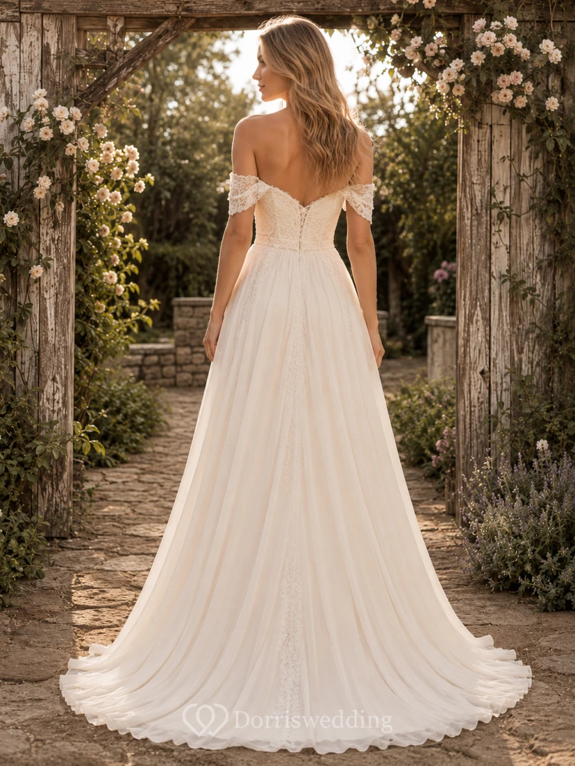 Boho Off Shoulder Chiffon A-Line Rustic Garden Wedding Dress view 2