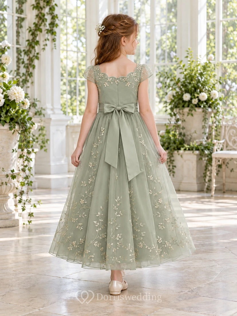 Sage Floral Scalloped Cap Sleeve Ribbon Tulle Flower Girl Dress view 2