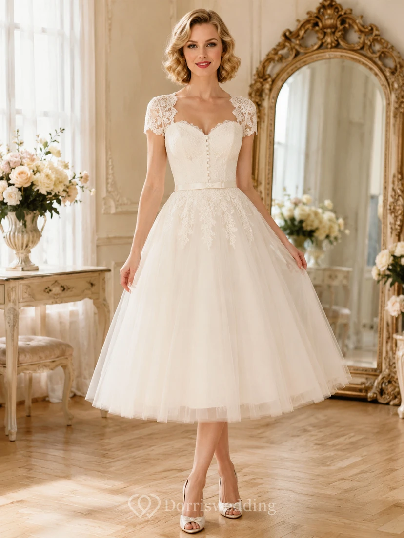 Retro Tea-Length Sweetheart Cap Sleeve Tulle Garden Vintage Wedding Dress