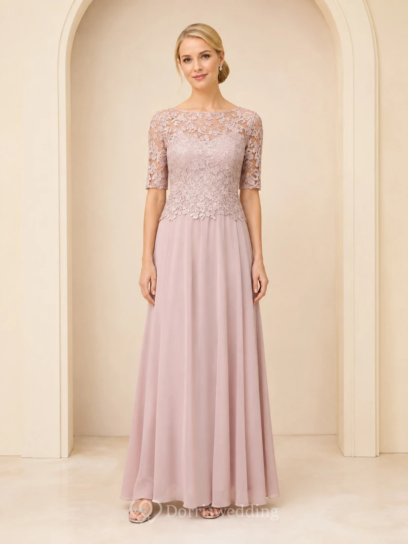 Abendkleid in Altrosa mit Dreiviertelärmeln, A-Linie und bodenlang