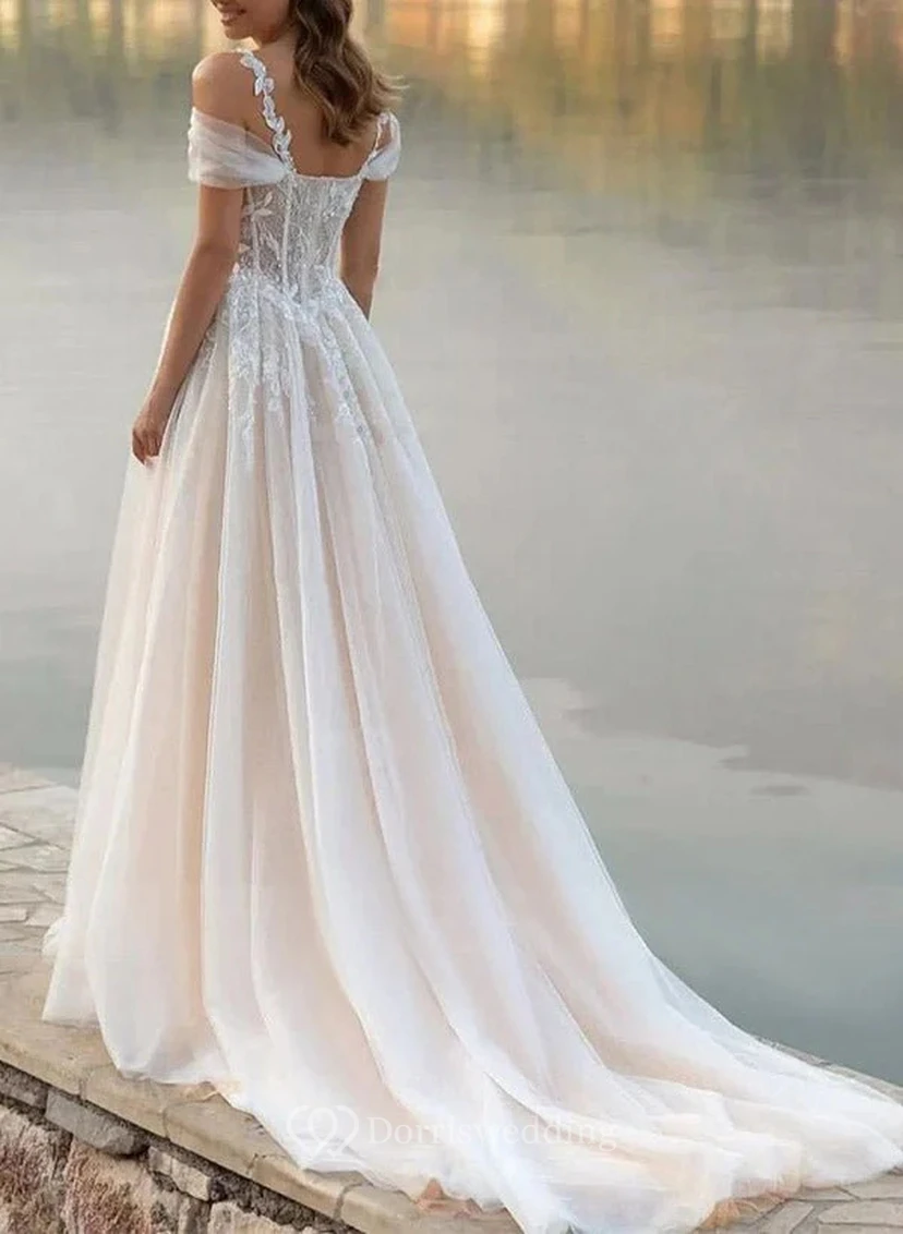 Off-Shoulder Lace Wedding Dress with Sparkles view 2