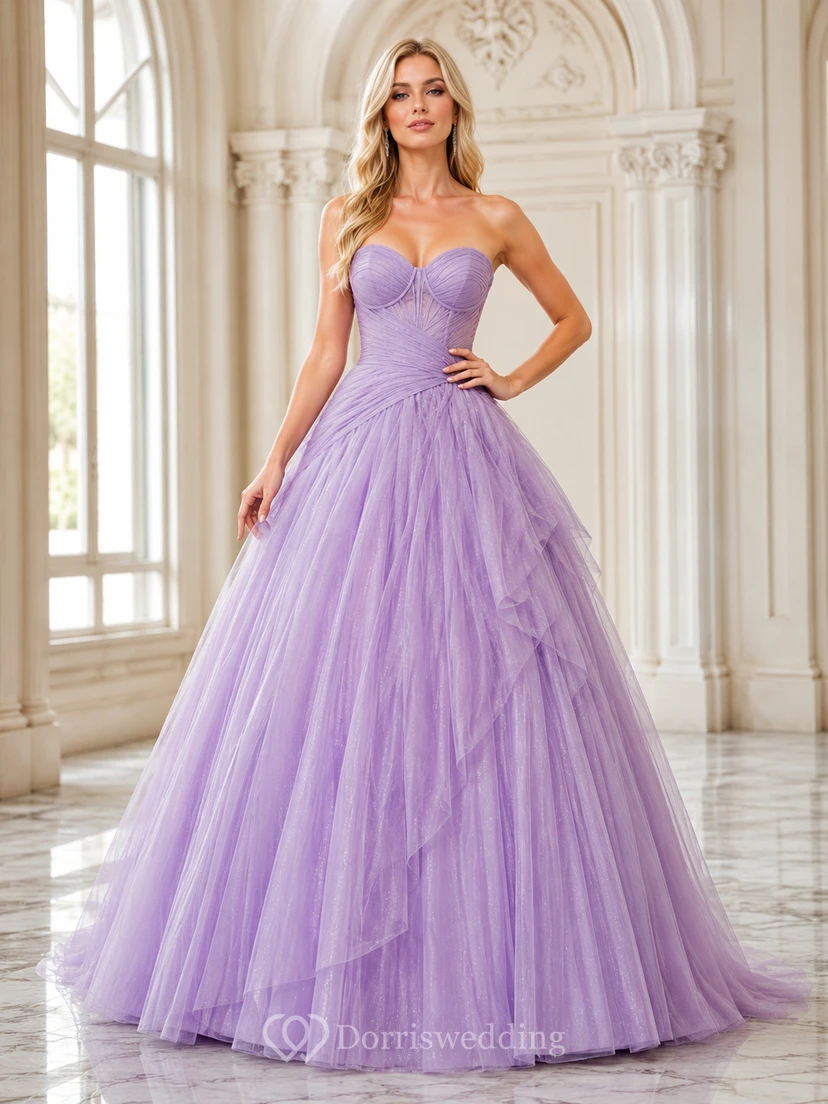 Asymmetric Tulle Lavender Ball Gown Floor-length Spaghetti Sweetheart Sleeveless Luxury Romantic Prom Quinceanera Celebrity Dress