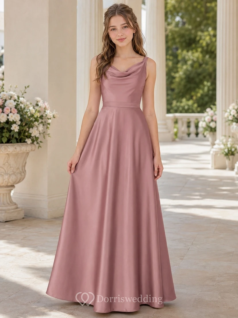 Vestido de dama de honor juvenil color rosa empolvado, corte en A, escote drapeado, sin mangas, satén elegante.