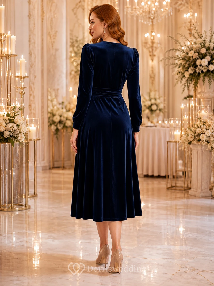 Navy Velvet V Neck Long Sleeve Reception Midi Dress view 2