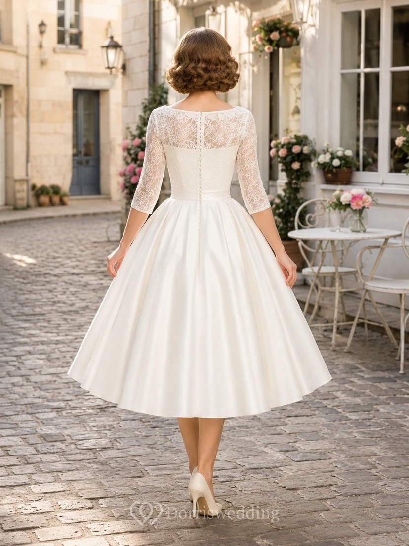 Vintage Bateau Long Sleeve A-Line Tea-length Bridal Wedding Dress view 2