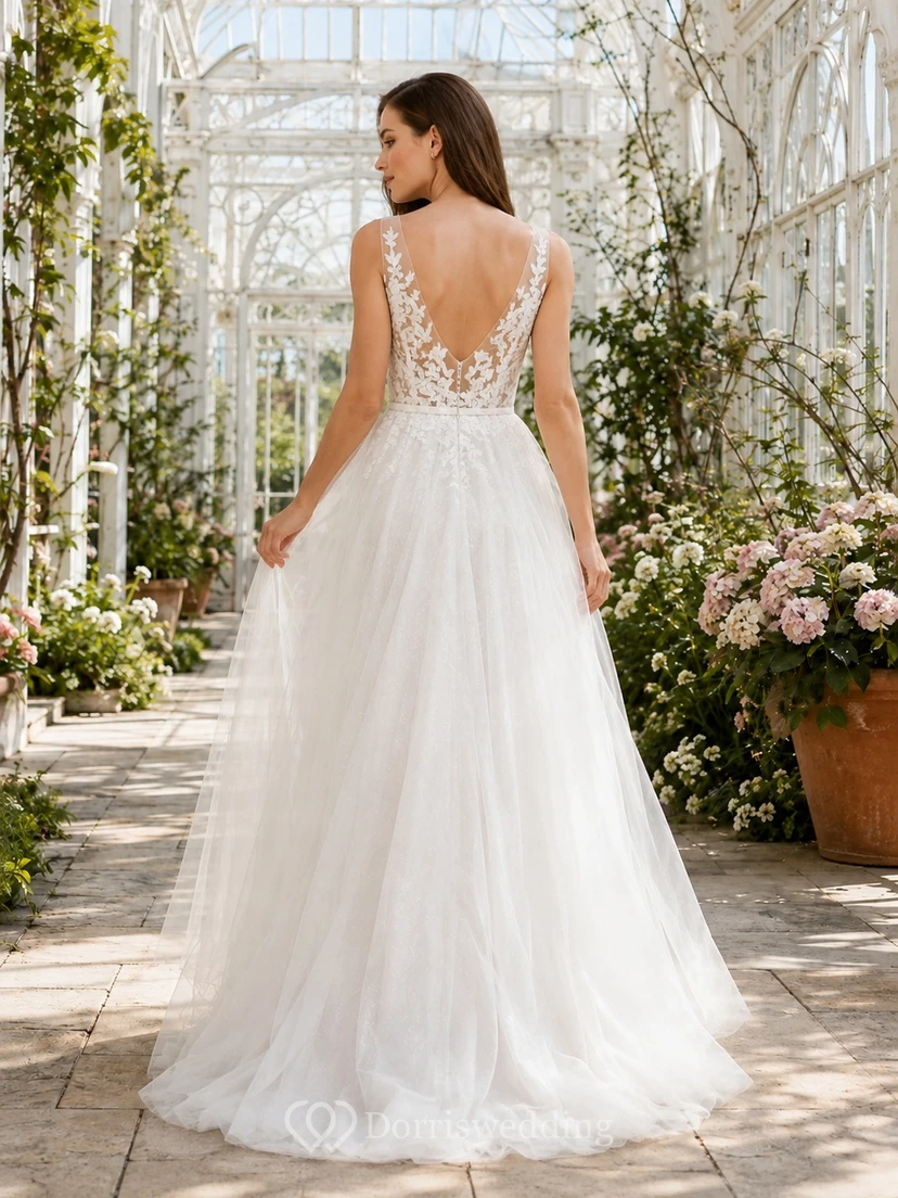 Romantic Sleeveless Deep V-Neck Applique Tulle A-Line Sweep Train Wedding Gown view 2