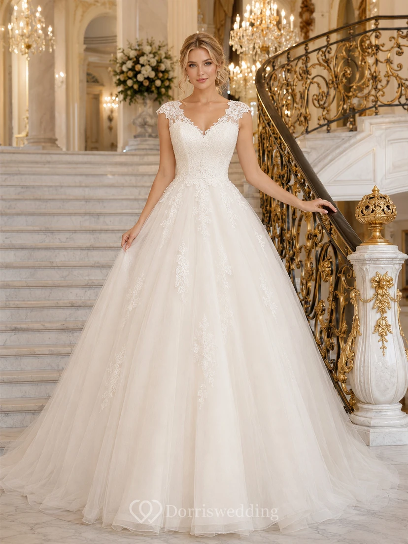 Ballkleid mit kurzen Ärmeln, Spitzenoberteil und Tüll – Brautkleid für den Ballsaal