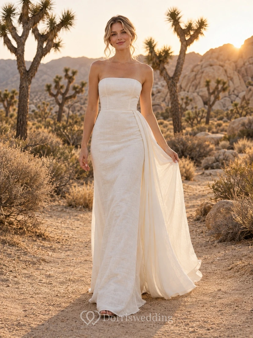 Vestido de novia sencillo, sin tirantes, sin mangas, drapeado, de mezcla de lino, largo hasta el suelo