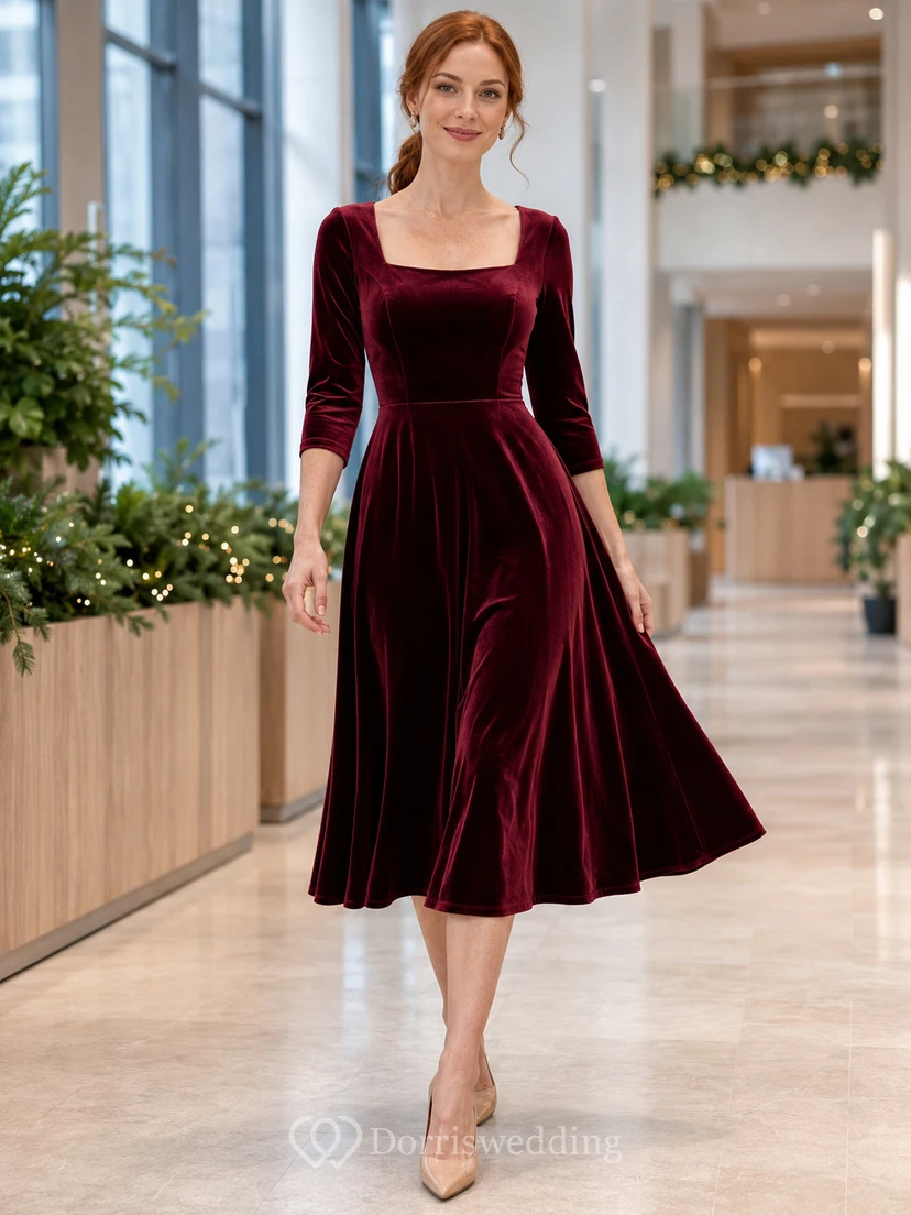 Burgundy Velvet Square Neck A Line Office Party Dress