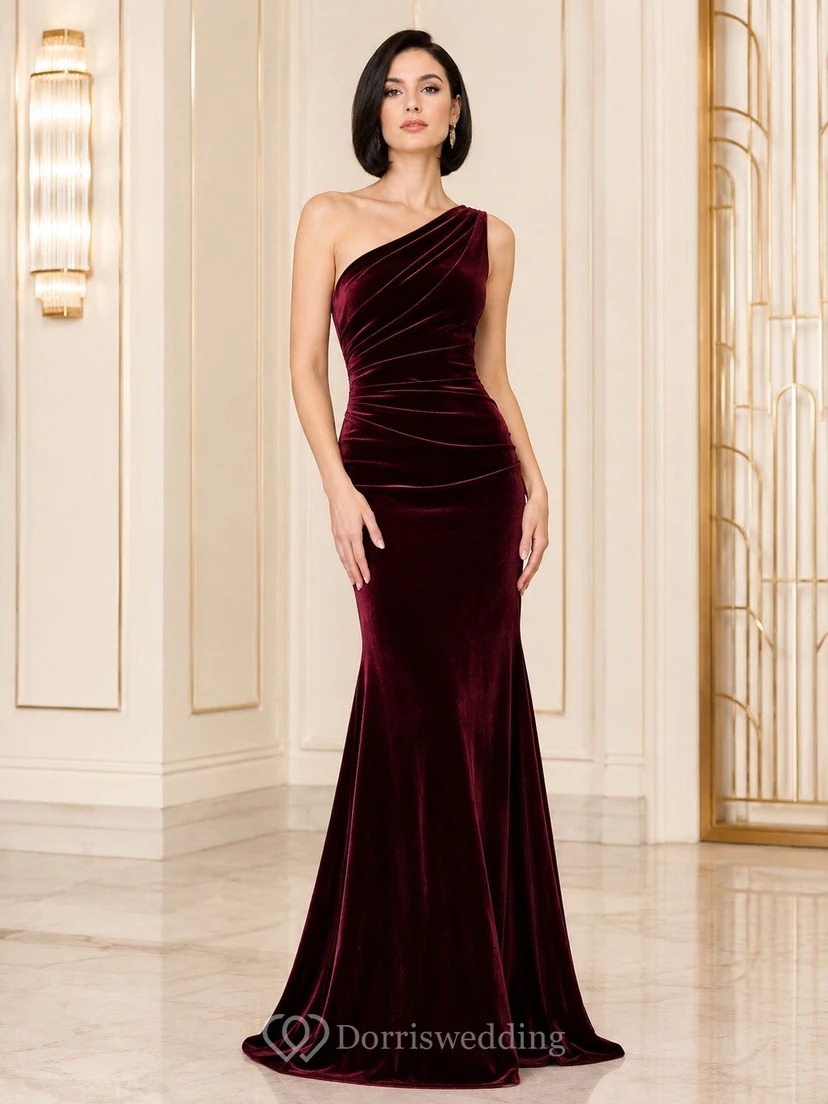 Burgundy Velvet One-Shoulder Sleeveless Mermaid Floor-length Formal Dress