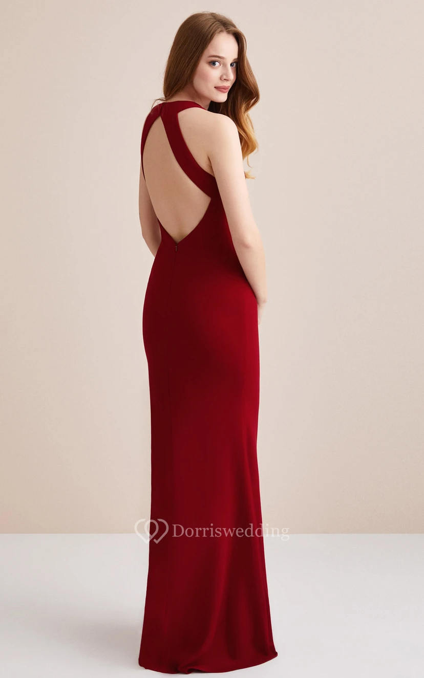 Einfaches, bodenlanges, ärmelloses Jersey-Etui-Abendkleid mit gekreuztem Rückenausschnitt view 2