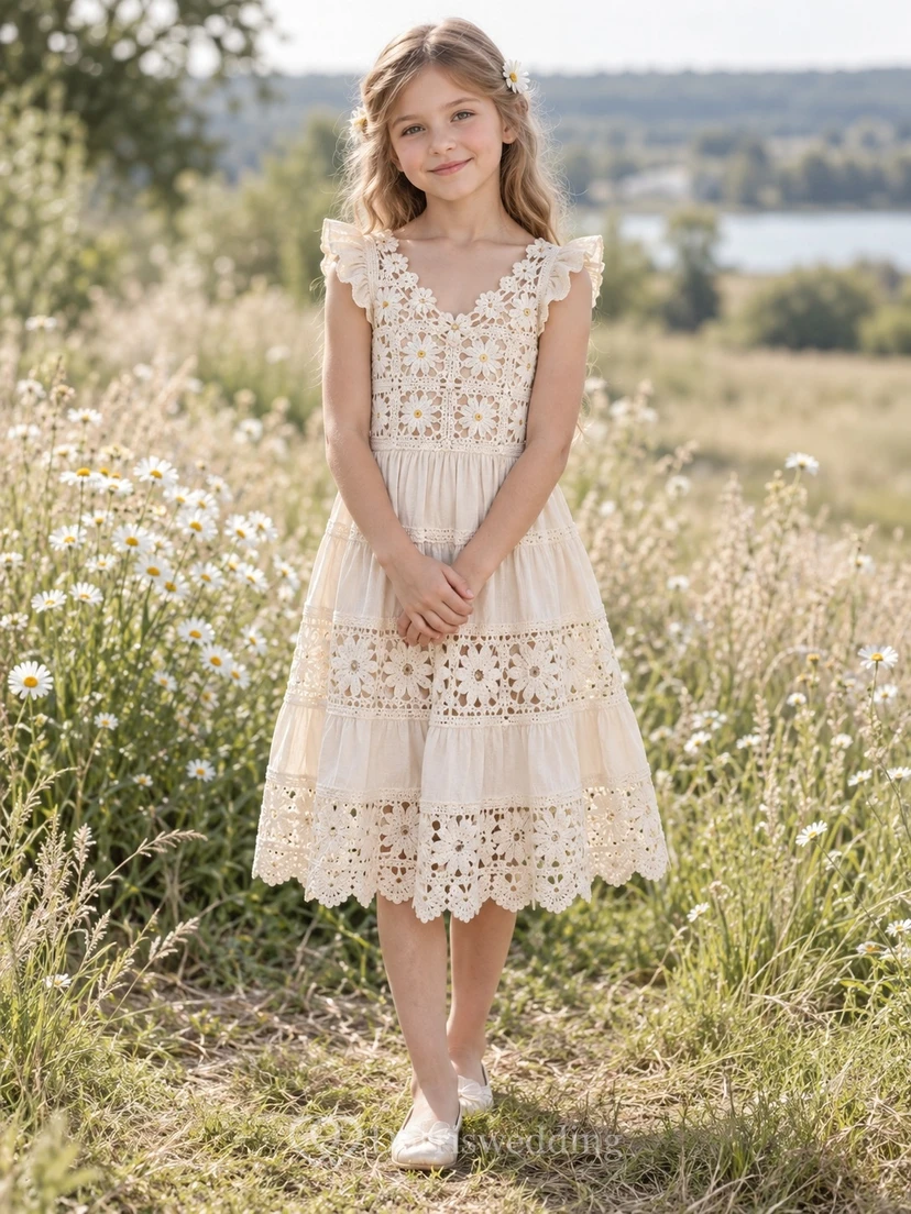 Boho Vintage Tea-length Cream V-neck Ruffle Strap Tiered Lace Flower Girl Dress