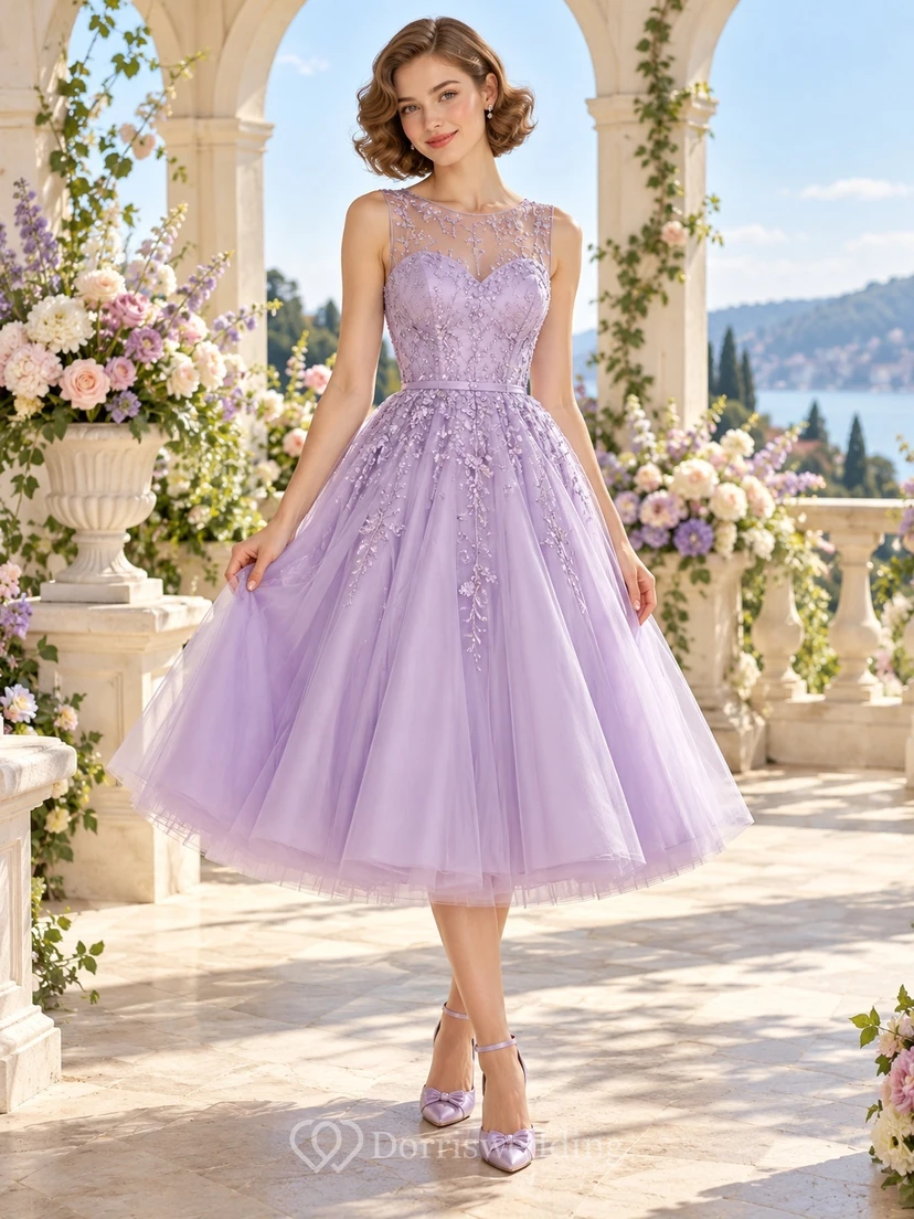1960s Lavender Illusion Sweetheart Lace Tulle Tea-Length Prom Dress