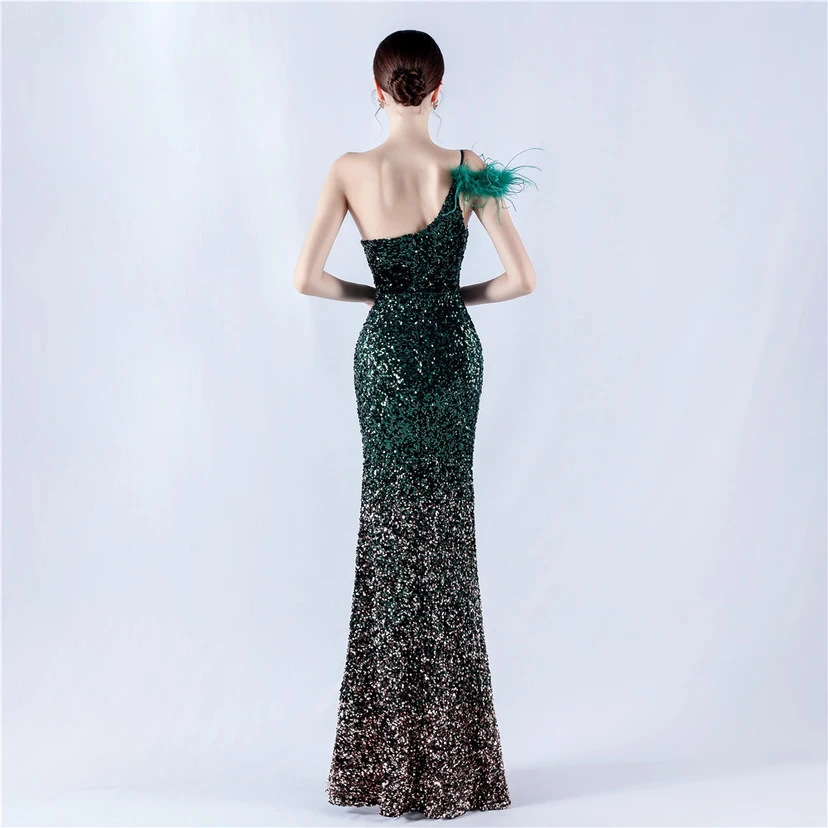Gradient Velvet Bottom Sequins Craft Beading Ostrich Hair One-Shoulder Oblique Collar High-Slit Evening Dress view 62