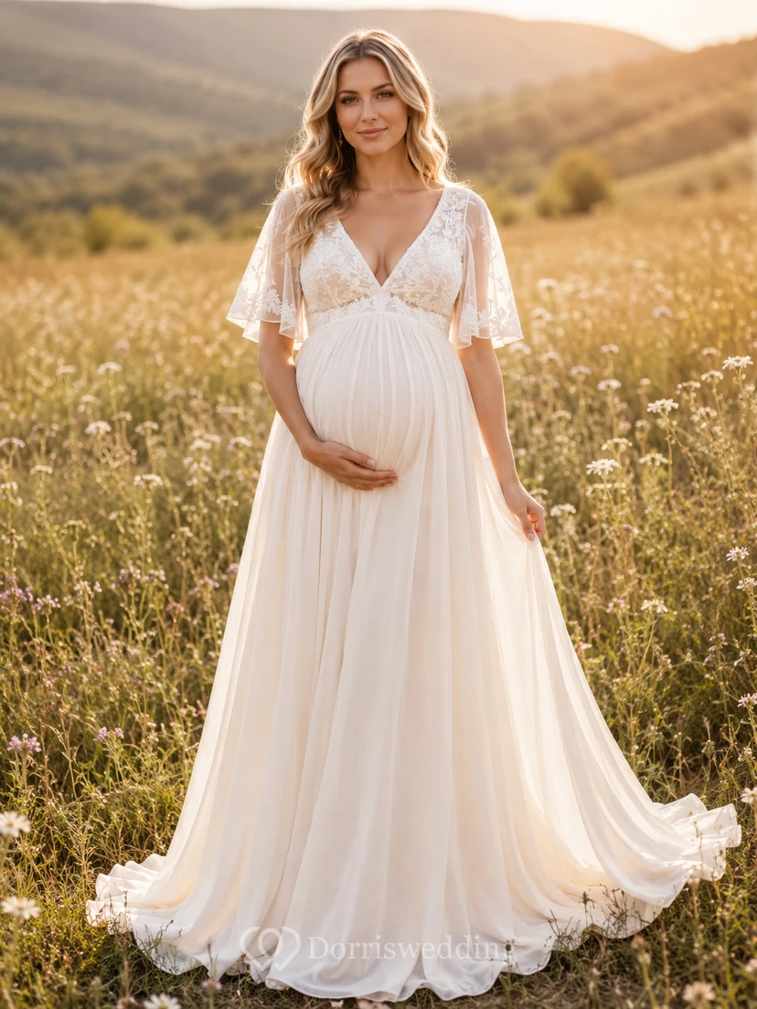 Boho Maternity Wedding Dress V Neck Flutter Sleeve A-Line Tulle Gown with Lace Bodice