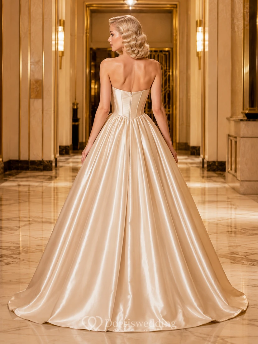Champagne Vintage Strapless Sweetheart Pleated Satin Quinceanera Formal Princess Ball Gown view 2