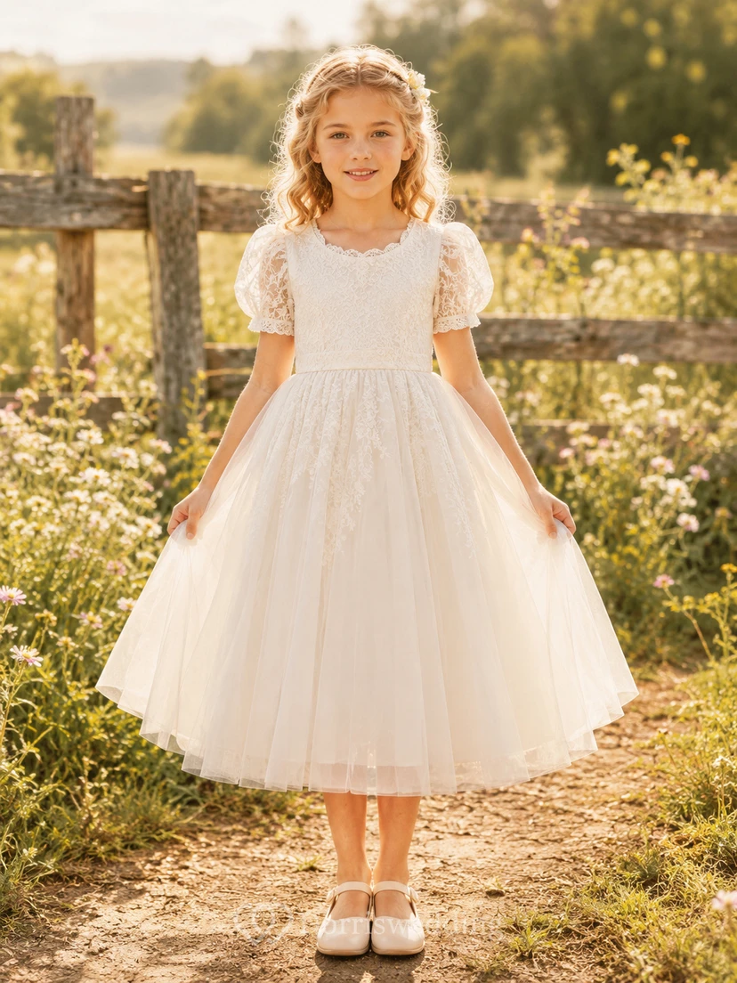 Tüllkleid in A-Linie mit Puffärmeln, Rundhalsausschnitt und wadenlangem Rock für Blumenmädchen.