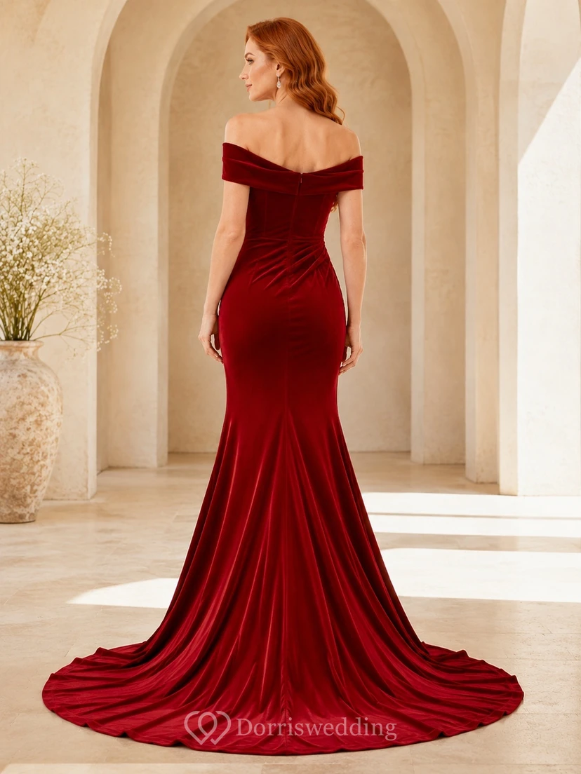 Claret Velvet Off-the-shoulder Mermaid Short Sleeve Ruched Sweep Train Evening Gown view 2