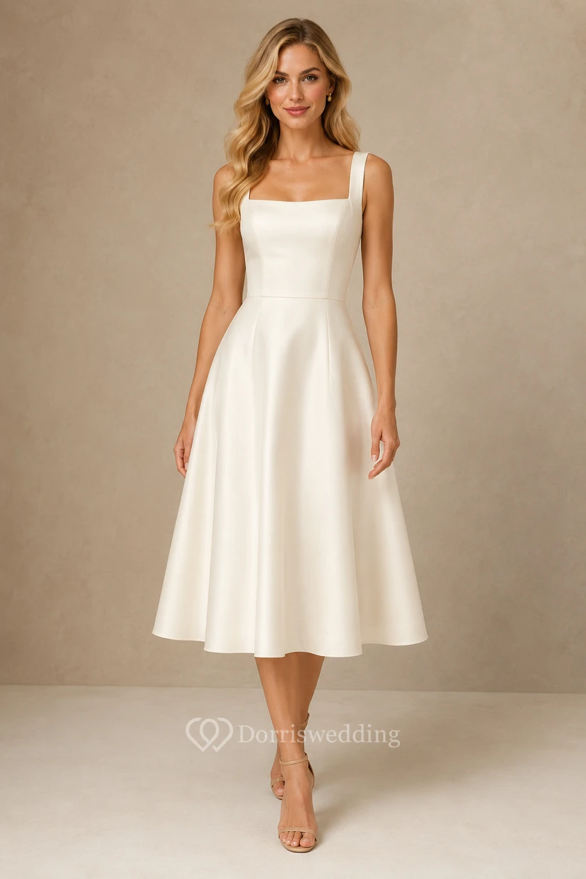Robe de mariée civile en satin, longueur thé, coupe trapèze, col carré, bretelles larges, idéale pour une cérémonie au tribunal.